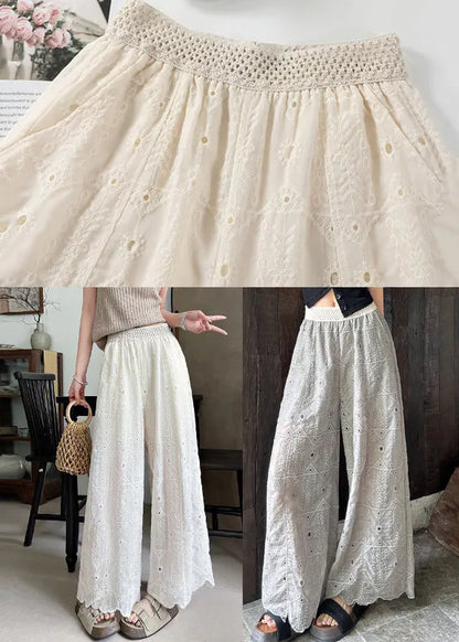 White Embroidered Hollow Out Cotton Pants Summer