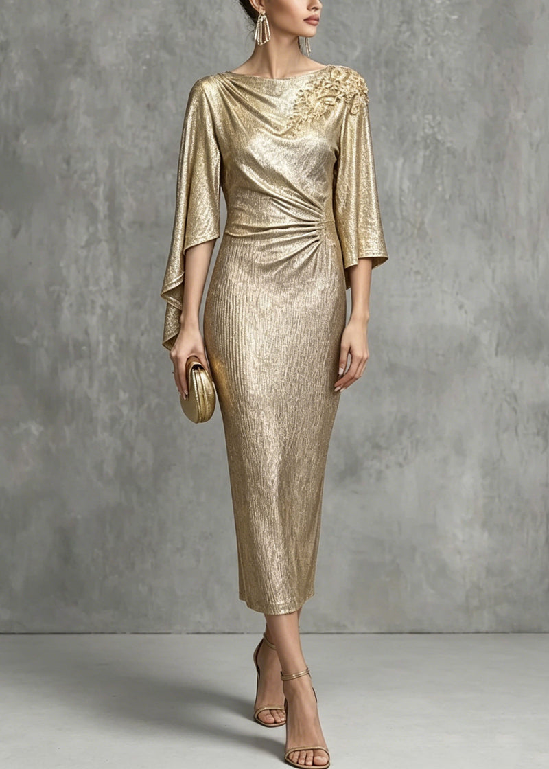 Champagne Asymmetrical Design Zircon Wrinkled Dress Summer