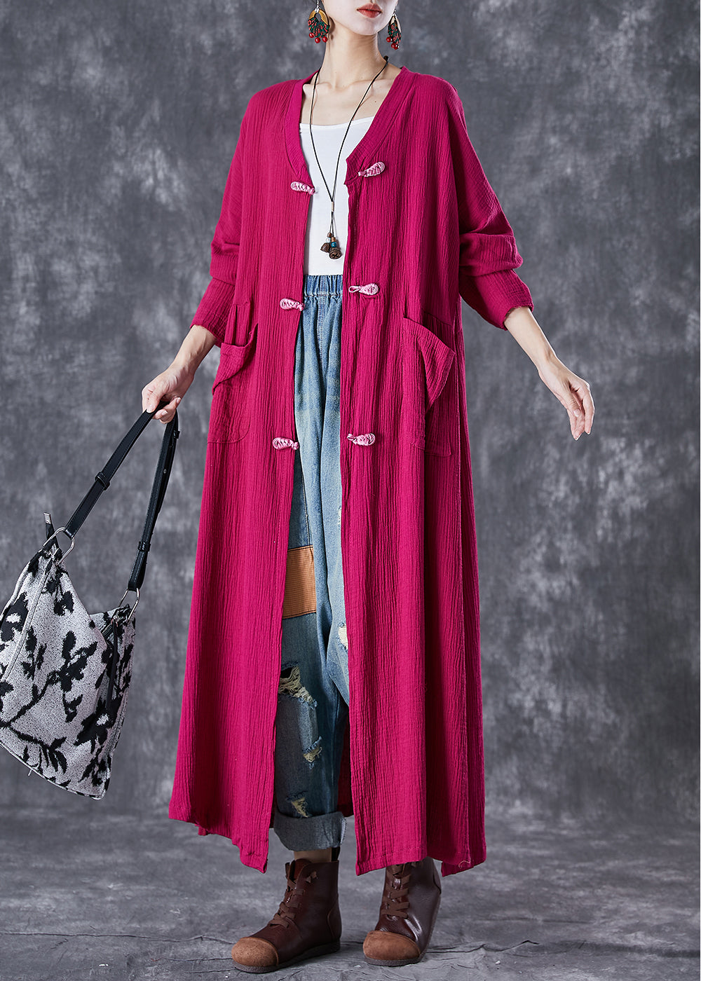 Rose Chinese Button Wrinkled Linen Long Cardigan Fall