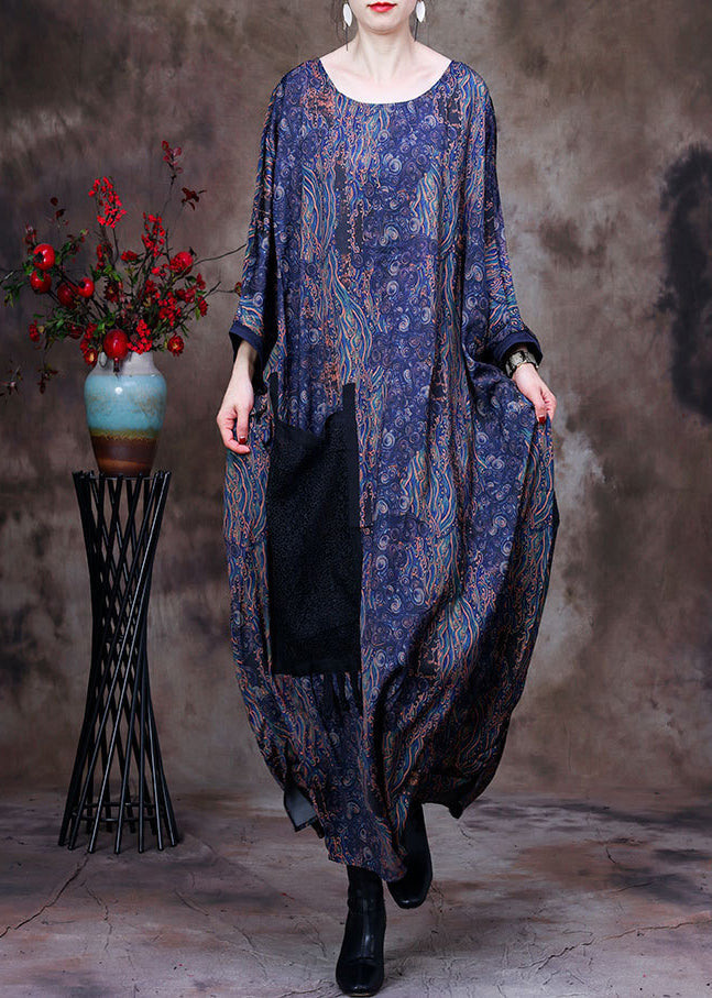 Blue O-neck Print Big Pocket Silk Ankle Dress Long Sleeve