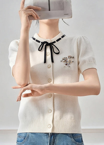 French White Peter Pan Collar Tie Lace Knit Top Short Sleeve Summer