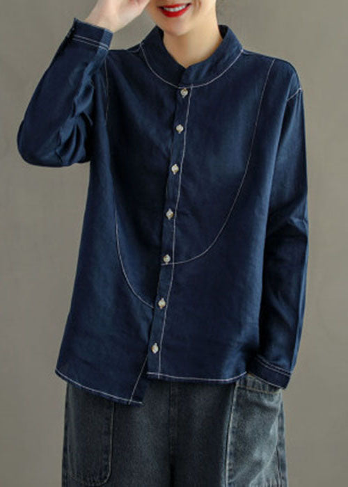 Navy Stand Collar Asymmetrical Patchwork Linen Shirt Top Long Sleeve