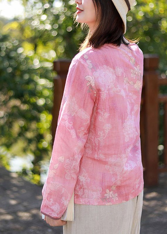 Pink O-neck Button Print Linen Tops Long Sleeve