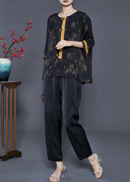 Black Oversized Print Silk Two Pieces Set Summer