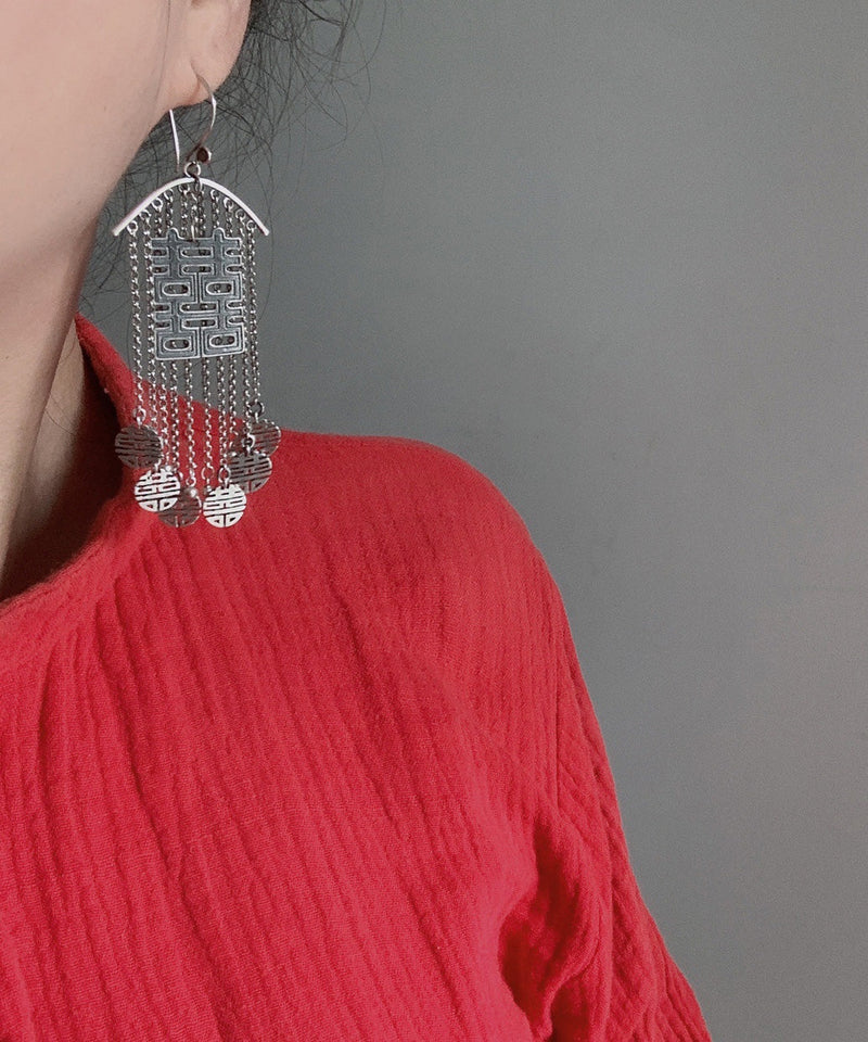 Style Baby Blue Silver Happy Word Tassel Drop Earrings