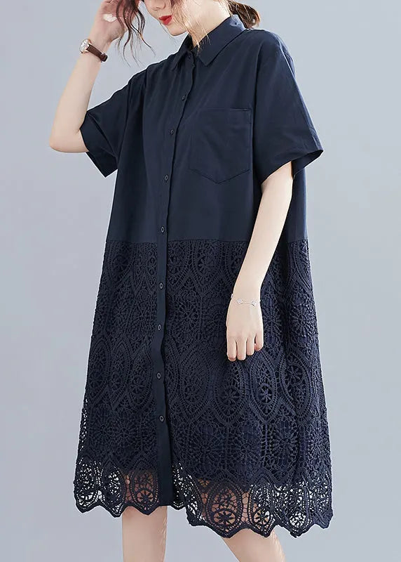 Navy Peter Pan Collar Button Lace Patchwork Hollow Out Shirt Dress Short Sleeve