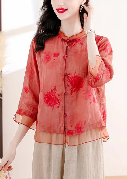 Red Print Tops and Pants Linen Two Pieces Set Summer