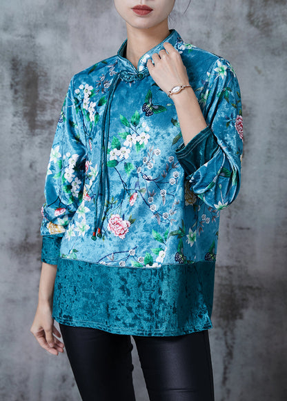 Royal Green Patchwork Silk Velour Oriental Top Tasseled Print Fall