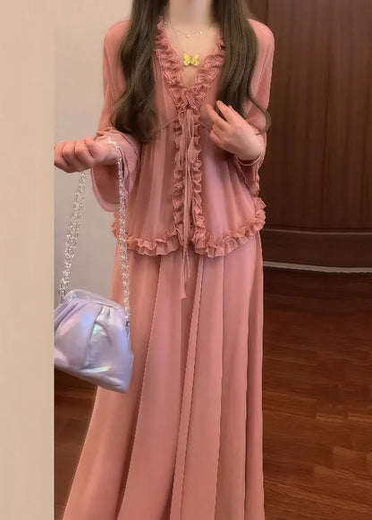 Pink Ruffled Lace Up Shirt and Skirts Chiffon Two Pieces Set Fall