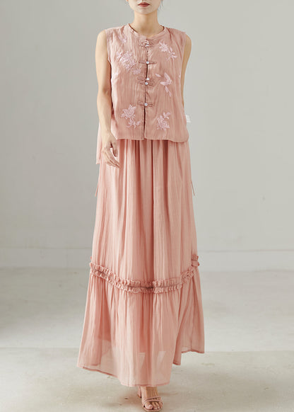 Art Pink Embroidered Ruffled Silk Two Piece Set Clothing Summer
