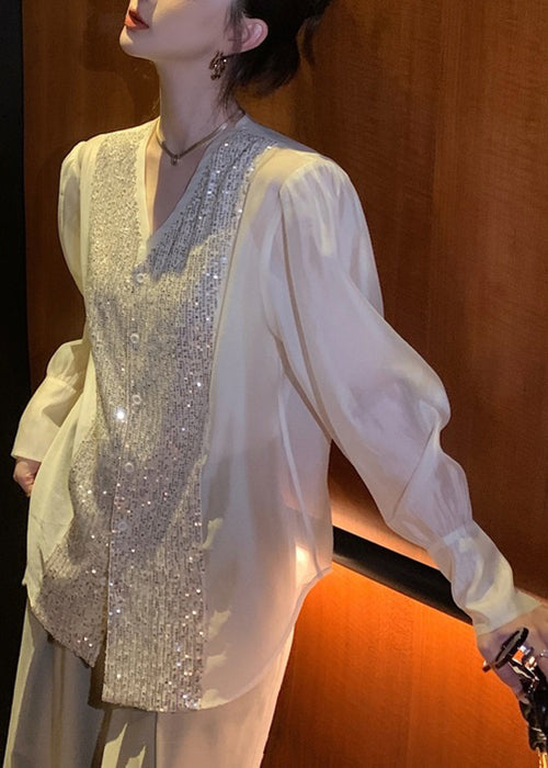 White V Neck Sequins Patchwork Silk Blouses Long Sleeve