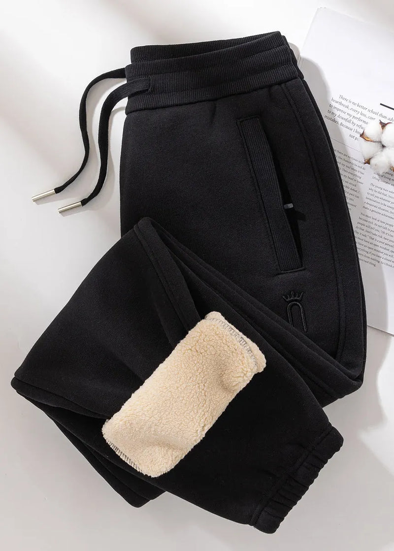 Grey Pockets Elastic Waist Teddy Warm Fleece Pants Winter