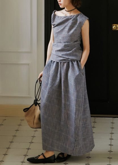 Summer New Plaid Asymmetric Design Two Pieces Set