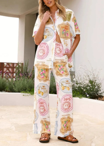 New Peter Pan Collar Print Tops and Pants Two Pieces Set Summer