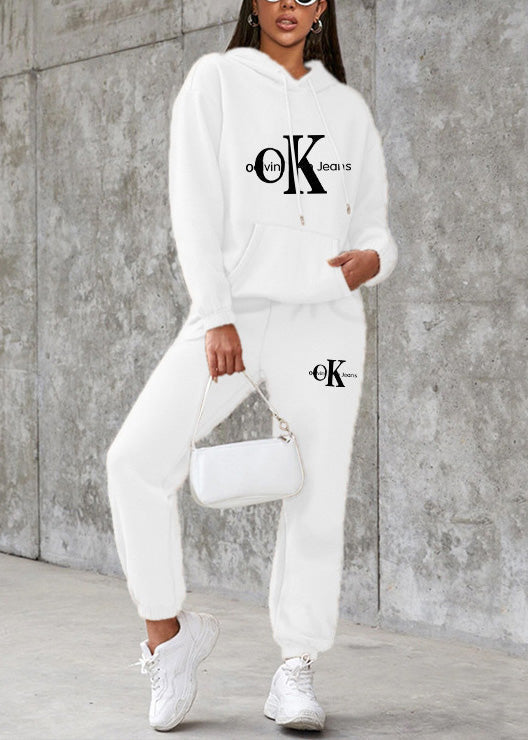 Pink Hooded Graphic Cotton Two-piece Set Spring
