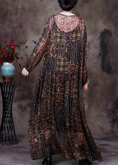Organic Chocolate O-neck Print Maxi Dress and Suspenders Two Pieces Set Fall