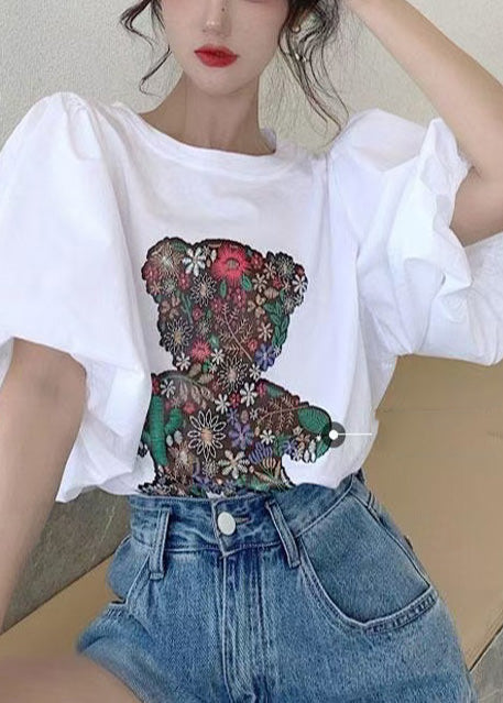 White Bear Print Cotton Tank Tops Puff Sleeve Summer