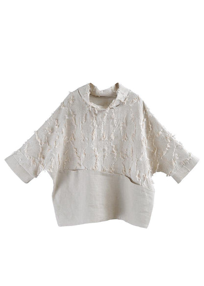 Boutique Beige Patchwork Batwing Sleeve Cotton Linen Top Summer