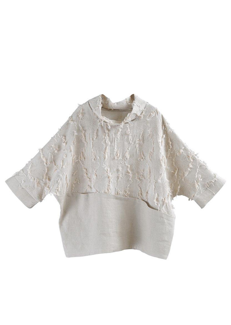 Boutique Beige Patchwork Batwing Sleeve Cotton Linen Top Summer