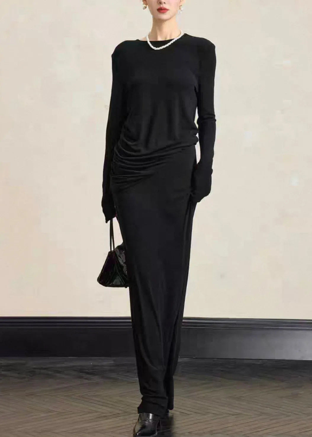 Simple Black O Neck Tops and Skirts Cotton Two Pieces Set Fall