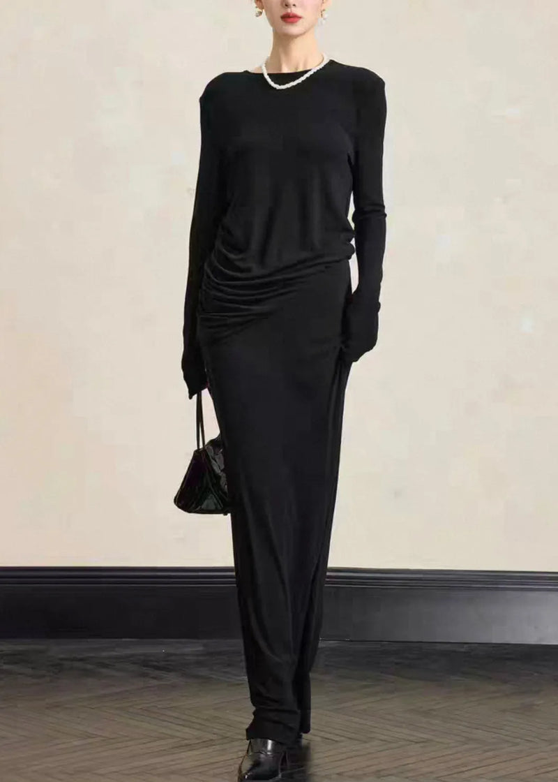 Simple Black O Neck Tops and Skirts Cotton Two Pieces Set Fall