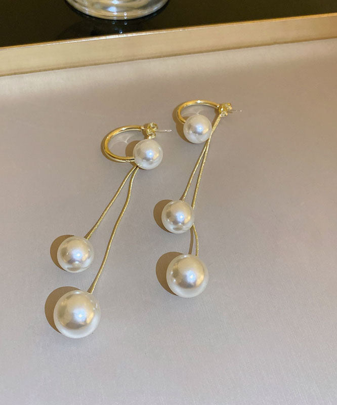 White Copper Pearl Tassel Drop Earrings