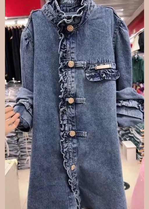 New Blue Ruffled Button Denim Blouse Long Sleeve Spring