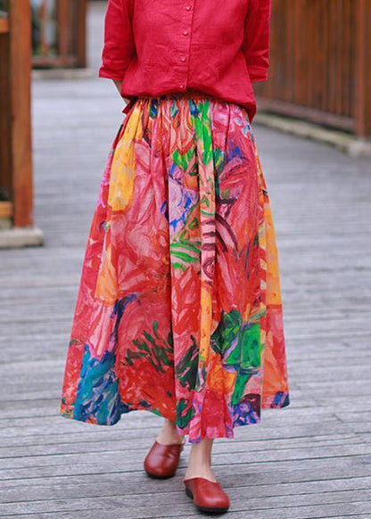 Red Pockets Elastic Waist Cotton Skirt Spring