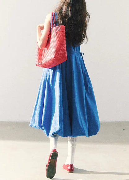 Original Blue O-neck Tie Waist Cotton Long Dress Sleeveless