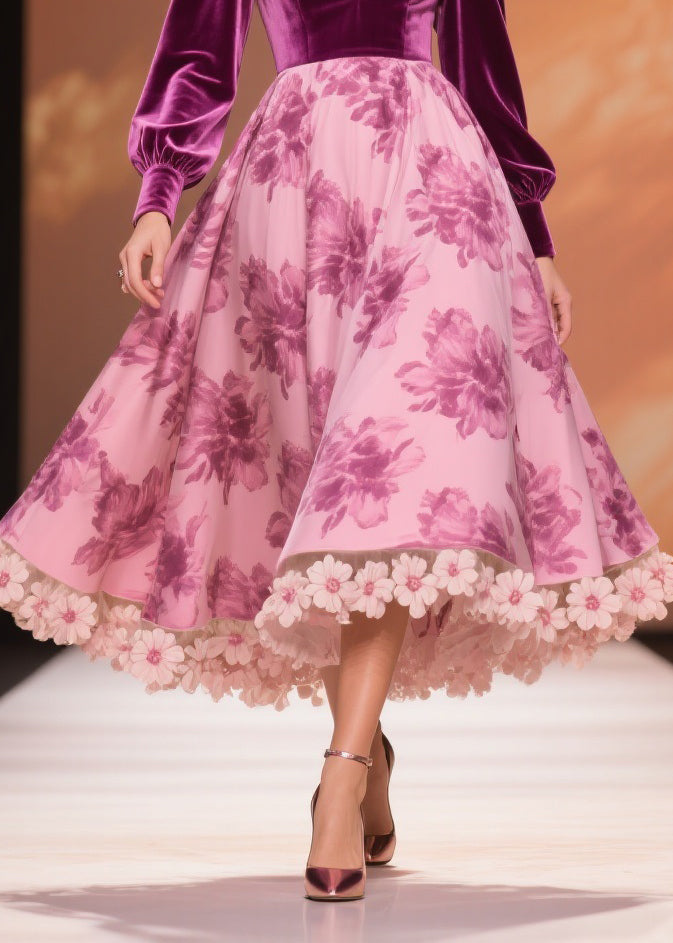 Boutique Purple Print Patchwork Silk Velvet Party Dress Spring