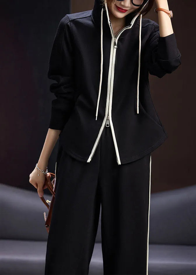 Natural Black Zippered Drawstring Patchwork Hooded Coats and Pants Two Pieces Set Long Sleeve