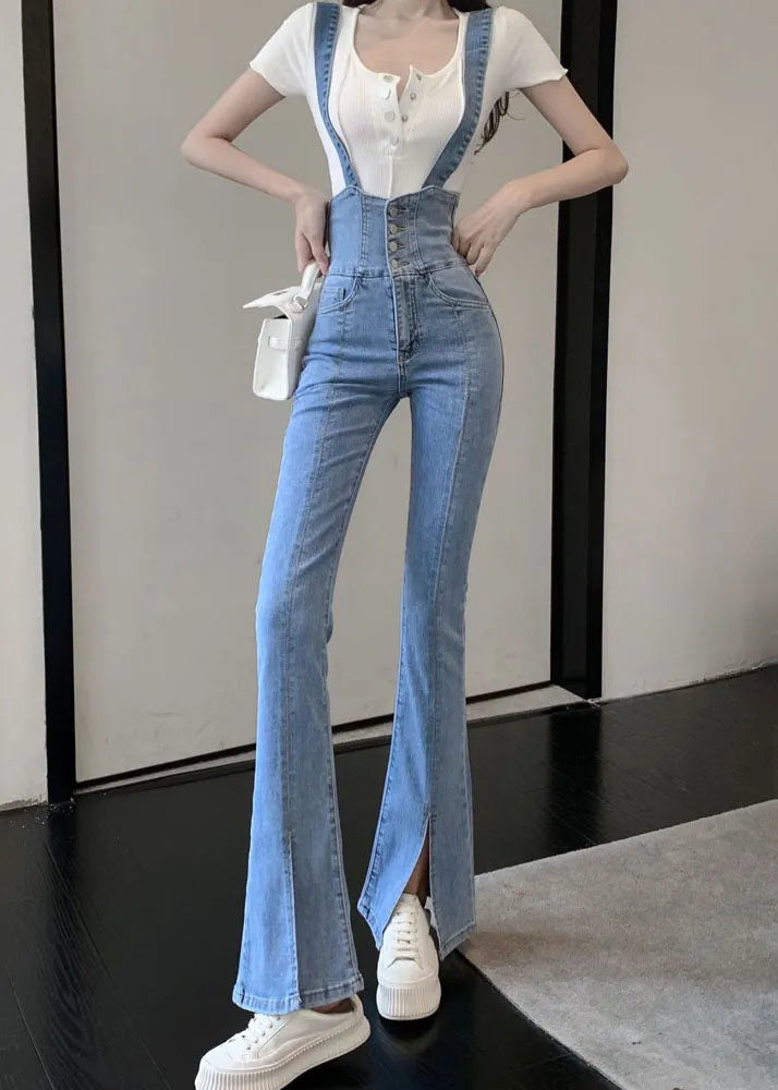 Blue High Waisted Shoulder Strap Denim Flared Pants Summer