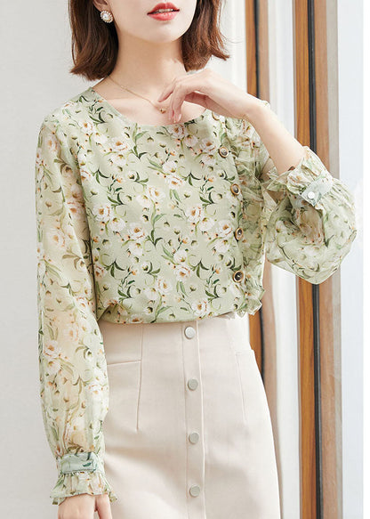 Unique Green O-neck Button Ruffled Print Chiffon Tops Spring