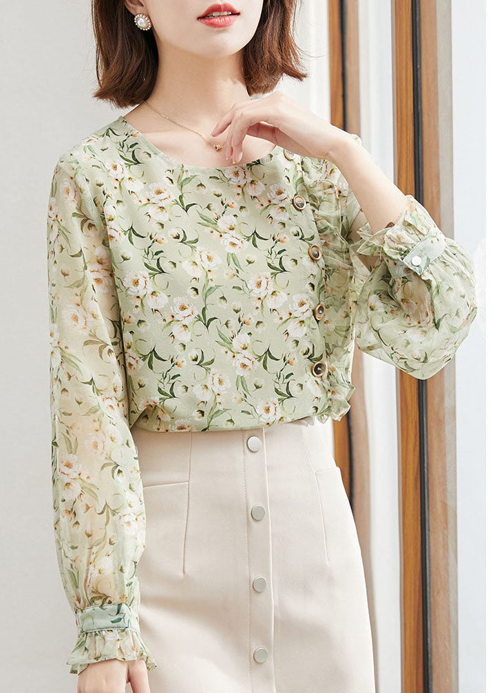 Unique Green O-neck Button Ruffled Print Chiffon Tops Spring