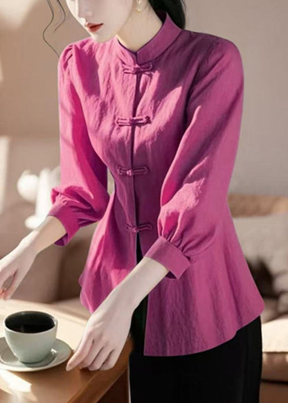 Loose Green Stand Collar Button Cotton Blouse Bracelet Sleeve Fall