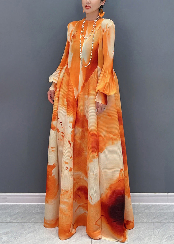 Diy Orange Turtleneck Print Patchwork Vacation Long Dresses Lantern Sleeve