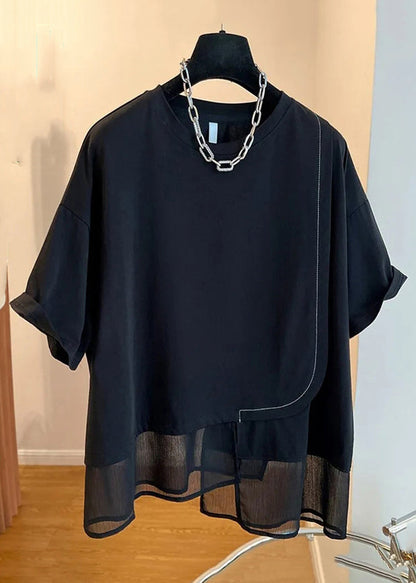 Loose Black O-neck Patchwork Cotton T Shirt Summer