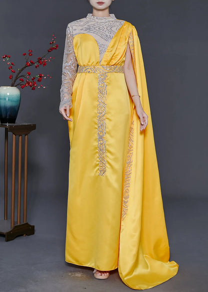 Handmade Yellow Asymmetrical Patchwork Silk Ankle Dress Summer