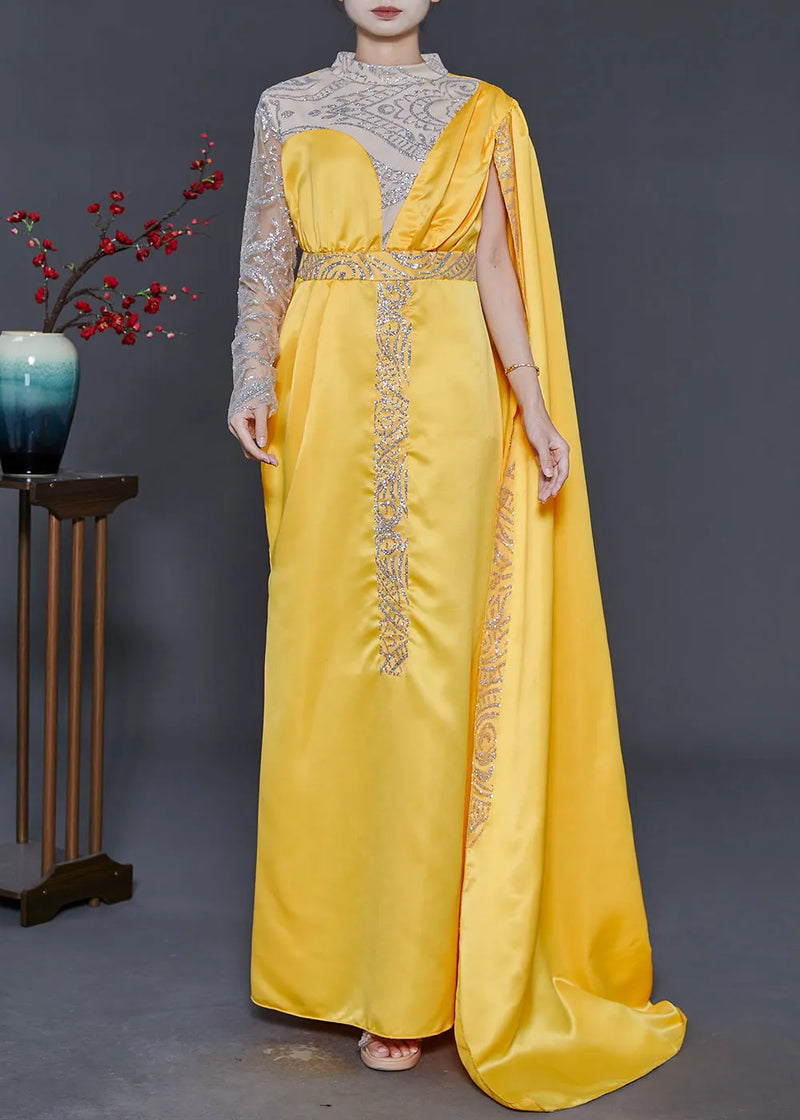Handmade Yellow Asymmetrical Patchwork Silk Ankle Dress Summer