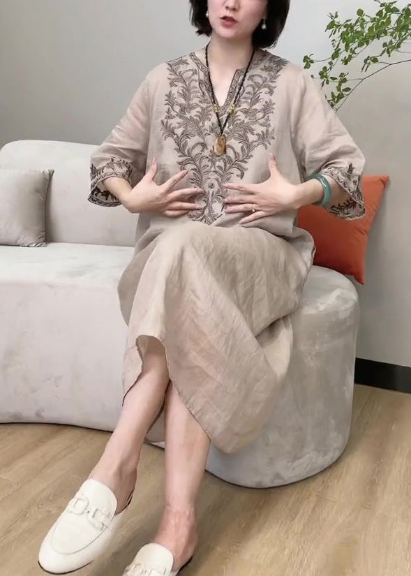 Apricot V Neck Embroideried Linen Long Dress Long Sleeve