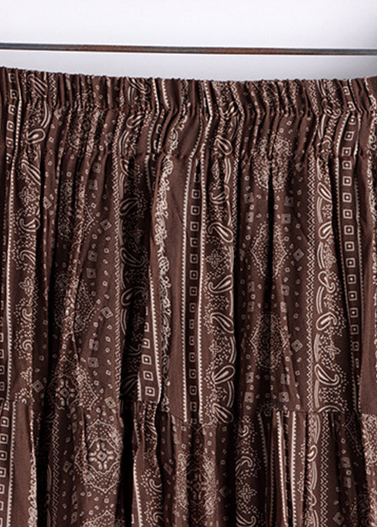 Brown Print Higt Waist a Line Skirt Fall