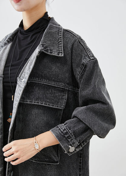 Black Oversized Pockets Denim Trench Coats Fall