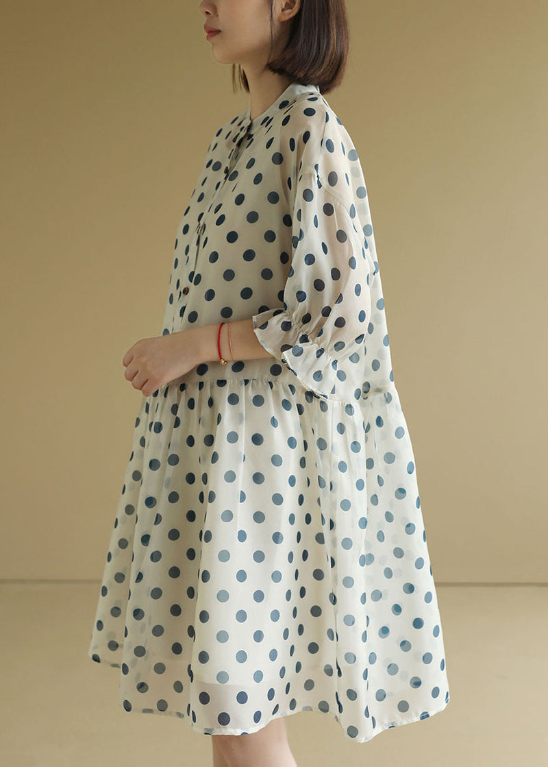 Beige O-neck Dot Print Chiffon Maxi Dresses Half Sleeve