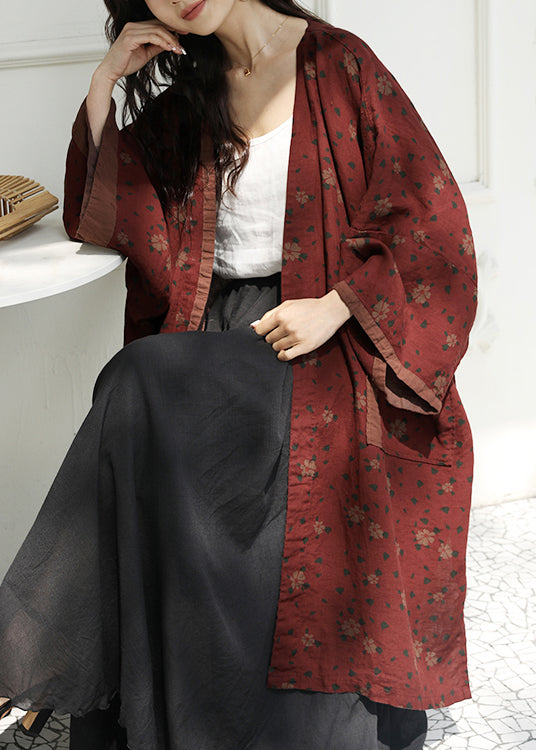 Red Pockets Print Patchwork Linen Cardigans Fall