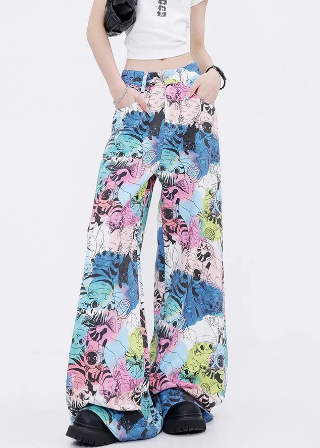 Pockets Cartoon Print Denim Wide Leg Pants Fall