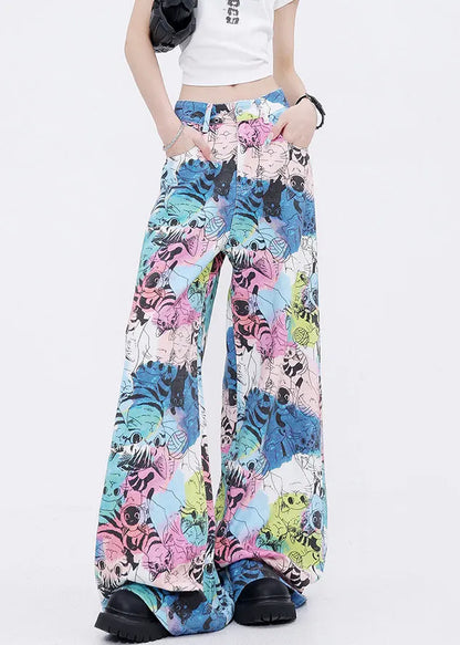 Pockets Cartoon Print Denim Wide Leg Pants Fall