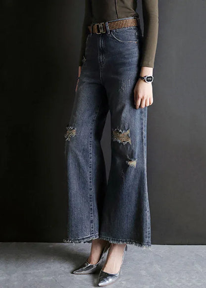 Blue High Waist Hole Pockets Cotton Denim Flare Pants Summer