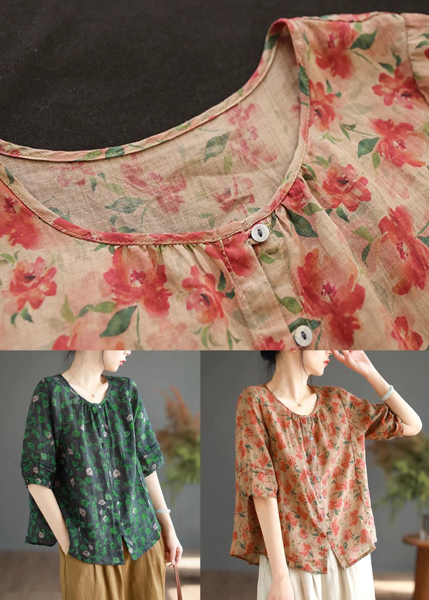 Green Print Button Linen Shirt Half Sleeve