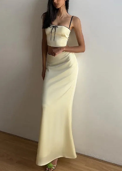 Yellow Bow Spaghetti Strap Tank and Skirts Silk Two Pieces Set Sleeveless