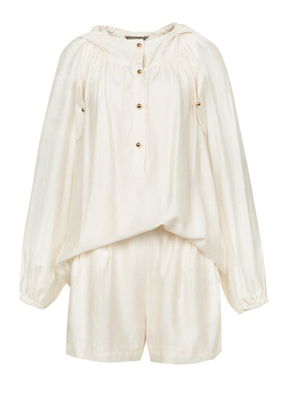 Brief White Button Hooded Shirts Vest and Shorts Three-piece Set Lantern Sleeve